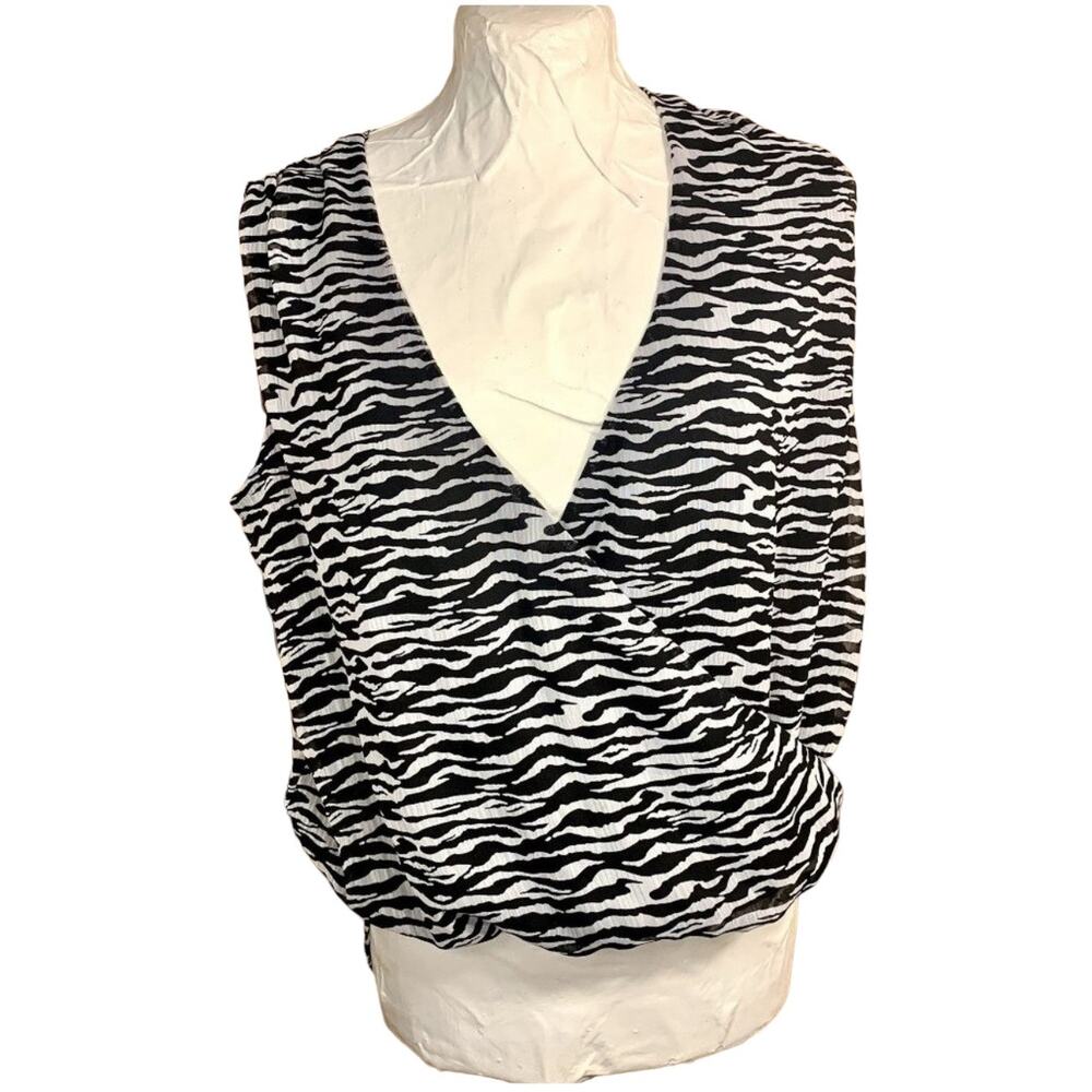 Sleeveless Zebra Animal Print Wrap Blouse Womens M Tank Top Cropped Sheer 90s